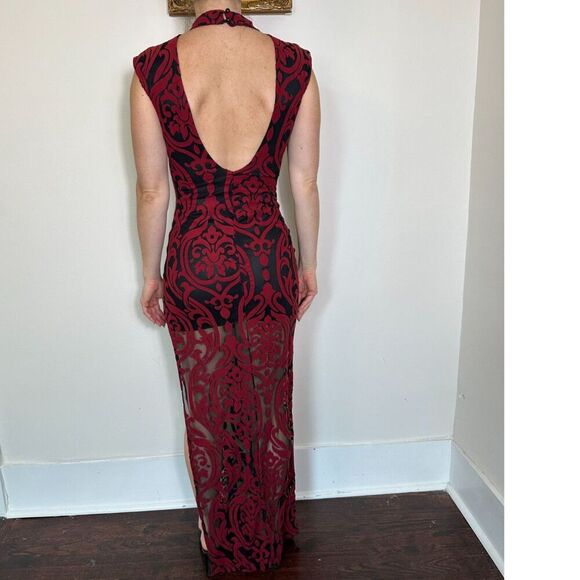 Vintage Whimsigoth Black Red Lace Partially Sheer Maxi Dress Size Small - Picture 4 of 6